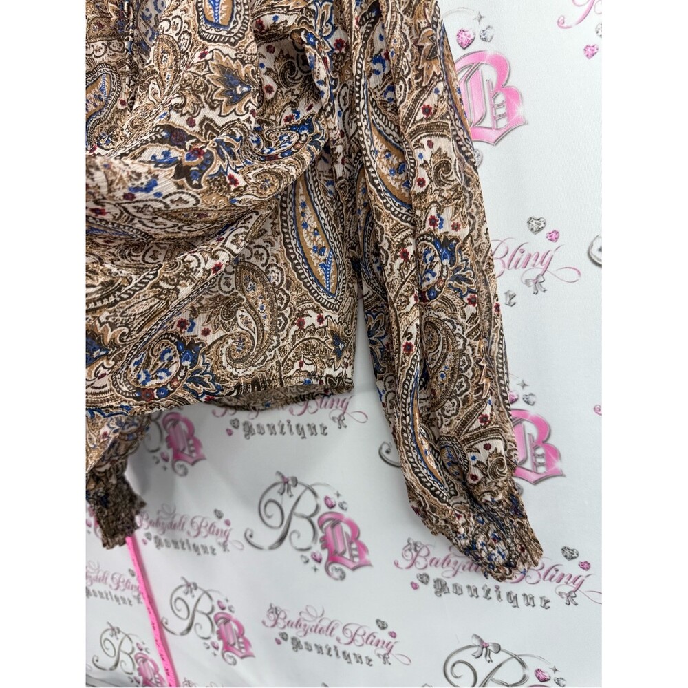 Zara blouse long sleeves tassels Beige Paisley Blouse with Blue & Brown Accents - Picture 4 of 12